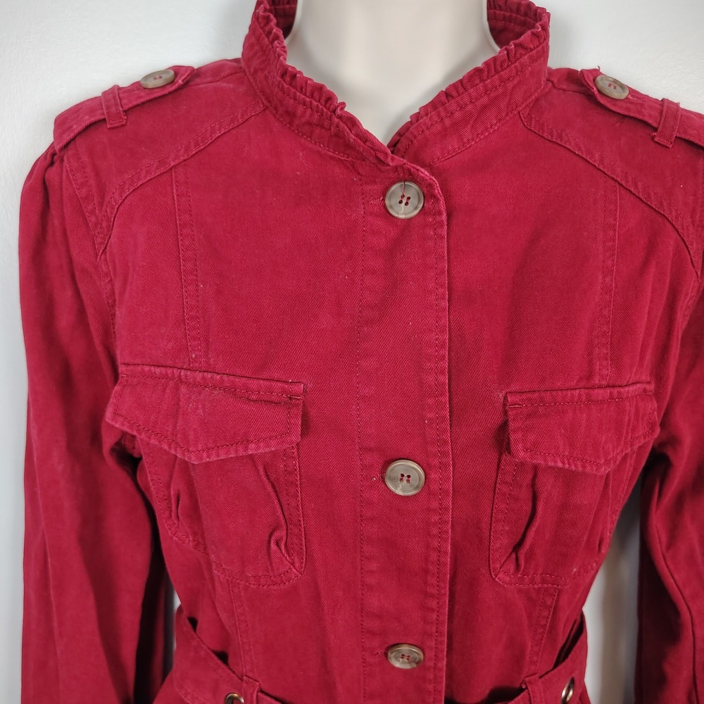 Converse One Star Red Cotton Utility Field Jacket Ruffle Neck Belted Womens L - Picture 5 of 10